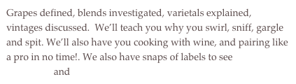 Grapes defined, blends investigated, varietals explained, vintages discussed.  We’ll teach you why you swirl, sniff, gargle and spit. We’ll also have you cooking with wine, and pairing like a pro in no time!. We also have snaps of labels to see What’s Sippin Well and Our Photo Recipes